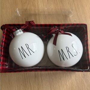 Rae Dunn MR. & MRS. Christmas Ornaments Set (White Buffalo Plaid Ribbon)